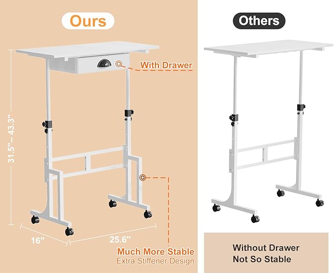 Adjustable Height Standing Desk for Walking Pad Treadmill, Portable Rolling Desk for Laptop with Drawer, Small Moblie Sit to Stand Desk On Wheels with Stiffener for Home Office Dorm Bedroom