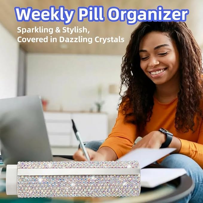 Pill Case for Purse Bling 7-Day Pill Organizer Weekly Compact Medicine Containers Travel Medication Box Holder for Traveling Women(Colorful)