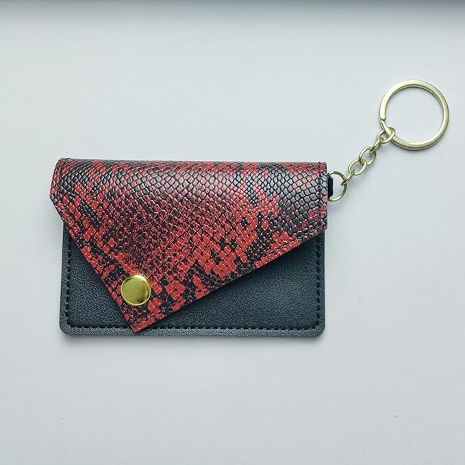Birth Control Pill Case Snakeskin Print Keychain Envelope Shape (Red)