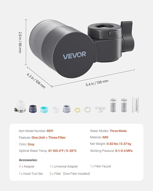 VEVOR Faucet Mount Water Filter, Horizontal Water Purifier for Sink Tap, NSF Certified Carbon Fiber Filter, Removes Chlorine Lead with 3 Filters, Fits Most Kitchen or Bathroom Faucets, Gray