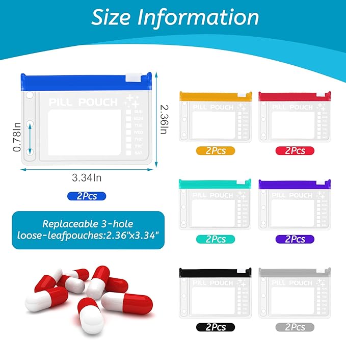 A7-S Pill Pouches Set for A7 Ring Binder, Weekly Pill Organizer 2 Times a Day, Pill Loose-Leaf Storage with Color-Coded Medicine Pouches, Reusable Travel Medicine Organizer