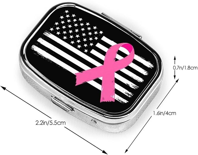 Breast Cancer Awareness Pink Ribbon American Flag Pill Box 2 Compartment Medicine Pill Case Portable Pill Box for Pocket or Purse Pill Box