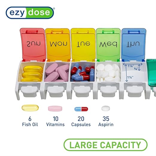 EZY DOSE Weekly (7-Day) Pill Case, Medicine Planner, Vitamin Organizer Box, Convenient and Easy to Use, Large Push-Button Compartments, Travel Friendly, Rainbow Lids, BPA Free