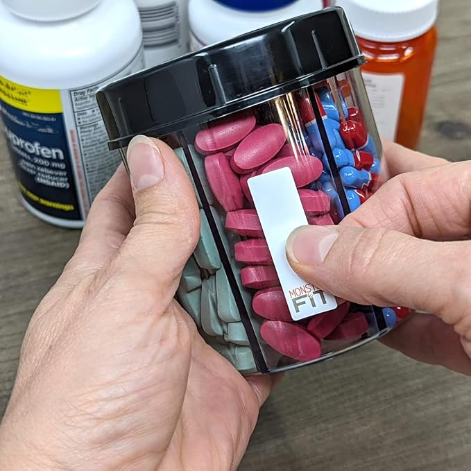 Monster Jr Supplement Pill Dispenser - Holds Small Medium Medication Vitamins and Easily Dispense from One Container Includes Compartment Labels ( 1 Pack)