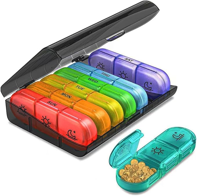 7-Day Travel Pill Organizer, 3 Times a Day, AM PM Pill Box 21 Tray with One-Side Large Opening for Easy Filling, Portable Travel Medicine Case for Medication, Vitamin, Fish Oil, Supplements