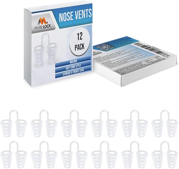 Nose Vent Sinus Relief (Pack of 12 Medium Size) Soft Cone Vents - A Simple Solution for Nasal Snorers - Reusable Snoring Device to Enjoy a Peaceful Night's Sleep - by Mobi Lock