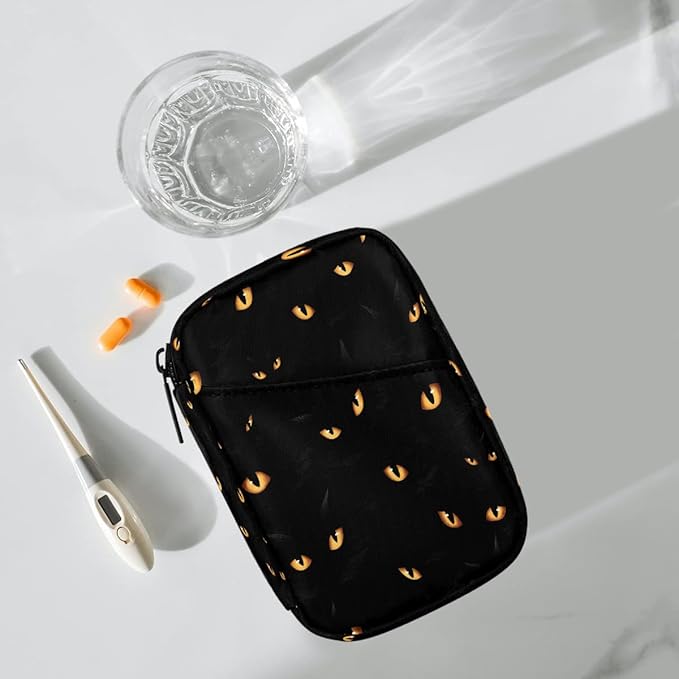 Black cat Eyes Pill Case Everyday Travel, 7 Day Weekly Medicine Pill Box Compact Portable Pills Bottle Organizer with Zipper for Daily Vitamin Medicine Holder Bottle Organizers Bag