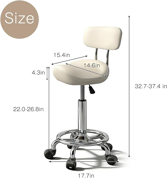Saddle Stool with Ring Pedal and Back, Adjustable Hydraulic Rolling Chair with Wheels for Medical, Massage, Salon, Spa, Kitchen, and Drafting Use