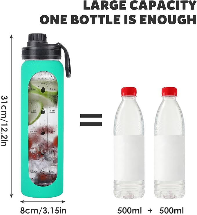 GIEMIT Glass Water Bottles 32oz with Silicone Sleeve Drinking Hydration Bottles Reusable Borosilicate Wide Mouth Motivational Water Flask Canteen with Time Marker Spout Lid and Brush (Green - 32 oz)