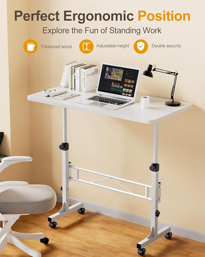 Small Standing Desk Adjustable Height, Mobile Stand Up Desk with Wheels, 32 Inch Portable Rolling Desks Conference Room Tables for Walking Pad Treadmill White