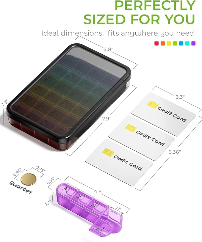 Odaro Weekly Pill Organizer 4 Times a Day, BPA Free Daily Pill Box 7 Day, Large Travel Pill Case with 28 Compartment to Hold Medicine, Vitamin and Supplement