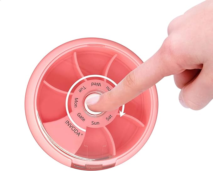 INVODA Weekly Pill Organizer 7 Compartment Rotating Pill Box for Daily Medication & Vitamins - Portable Travel Pill Case Fish Oil Supplements Vitamins Organizer (Pink+Blue)
