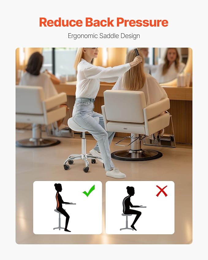 VEVOR Saddle Stool with Wheels, 450 LBS Weight Capacity Ergonomic Rolling Stool, Height Adjustable Thickened PU Leather Swivel Saddle Chair for Salon, Spa, Massage, Tattoo, Clinic, White