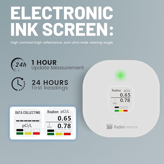 RadonSense Hello Radon S,E-Ink Display Radon Detector for Home,Alpha Spectrometer Sensor&2 Years Battery,Wall Mounted&Free Standing,PCi/L & Bq/m³ Units Switchable