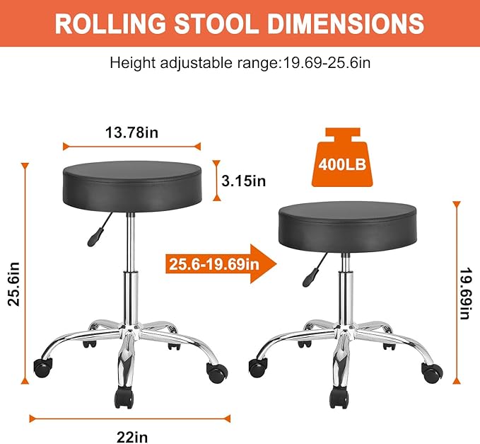 JOSTZHXIN Rolling Stool Height Adjustable Round Swivel Stool for Tattoo Salon Spa Massage, Home Office Chair