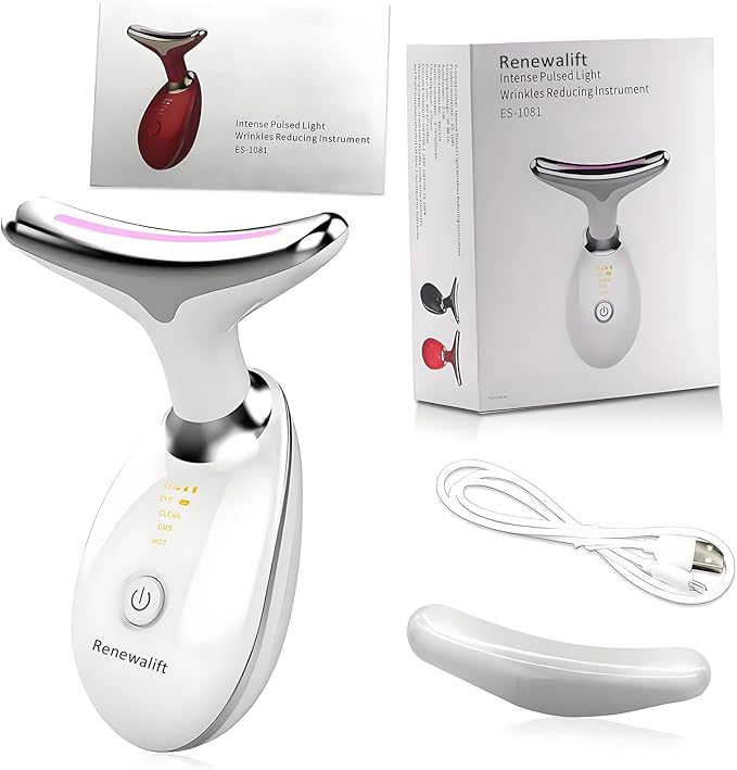 Device | 7-in-1 Red Light Therapy for Face and Neck - 7 Colors, Smart Vibration | Red Light Face Massager Tool - Effectively Remove Wrinkles, Lift Neck, Portable Skin Care Tool (White)