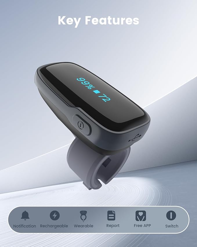 Vibeat Wearable Blood Oxygen Monitor Oxylink - Bluetooth Pulse Oximeter Finger with Audio Notification, Rechargeable O2 Sensor for Continuous Tracking with Free App