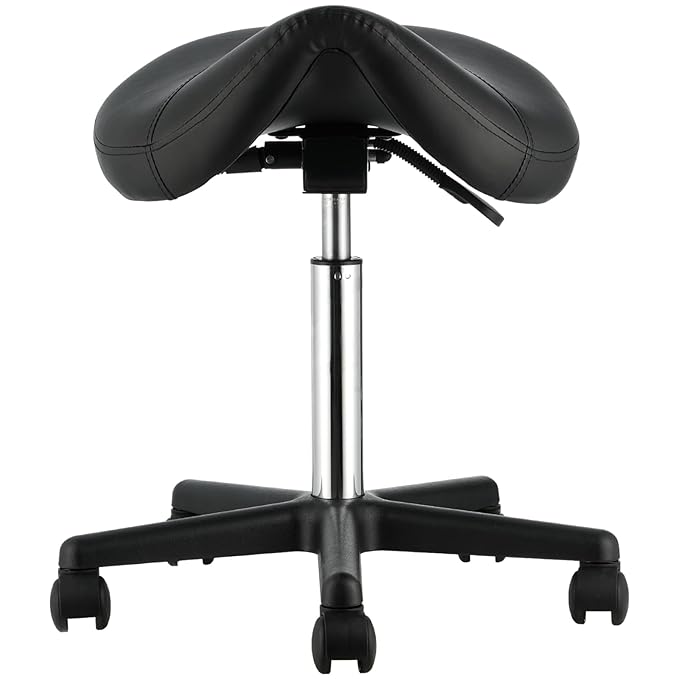 VEVOR Saddle Stool with Wheels, 400 LBS Weight Capacity, Height Adjustable Thickened PU Leather Swivel Saddle Stool Chair for Salon, Spa, Tattoo, Clinic, Black