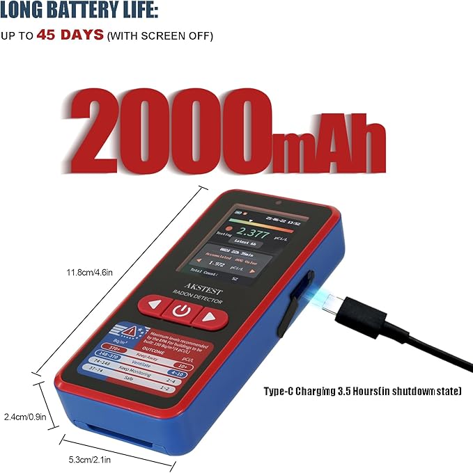 RM-60 Radon Detector with TFT Color Display, Long-Term Radon Monitor for Home, Basement, Audible & Visual Alarms, USB Type-C Rechargeable, pCi/L or Bq/m³