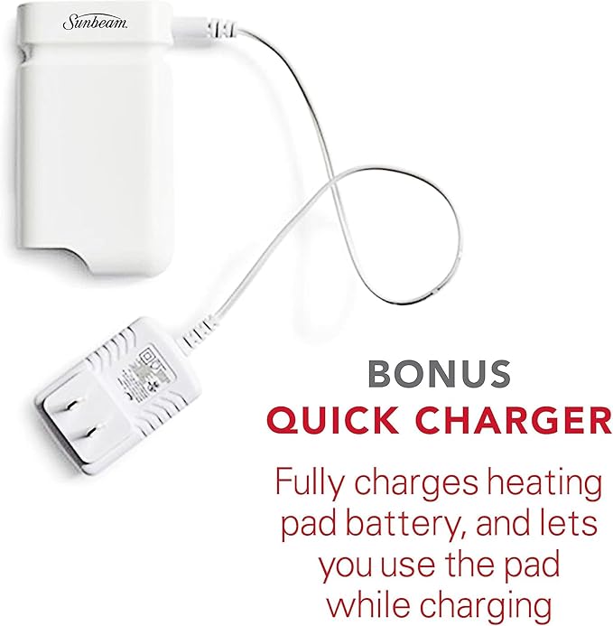 Sunbeam Cordless Rechargeable Heating Pad, Portable 9.5" x 12", Machine-Washable, Pain Relief for Back, Shoulder, Neck, and Period Cramp Pain Relief