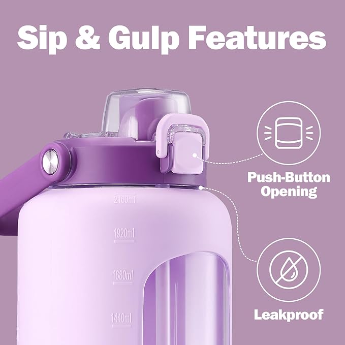 72oz Glass Water Bottle with 2-IN-1 Straw &Chug Lid, Large Motivational Glass Bottle with Capacity Marker and Silicone Sleeve, 2.1Liter Gallon Water Jug for Home, Sports, Gym, BPA Free-Light Purple