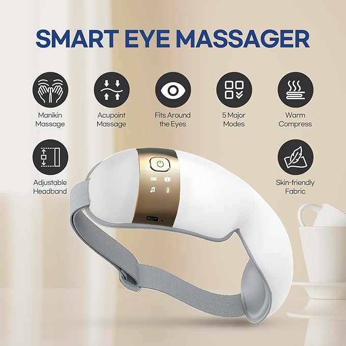 HubiCare Eye Massager with Heat, Vibration, and Music Helps Relieve Strain, Dark Circles, Dryness, and for Migraine Relief Relaxation and Better Sleep Valentines Day Gifts for Women/Men (White)