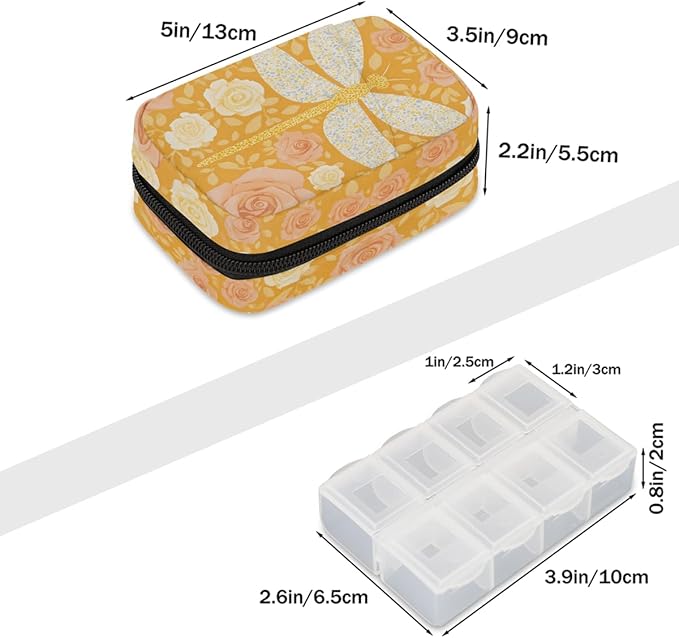 Dragonfly Flower Rose Pill Case Everyday Travel, 7 Day Weekly Medicine Pill Box Compact Portable Pills Bottle Organizer with Zipper for Daily Vitamin Medicine Holder Bottle Organizers Bag