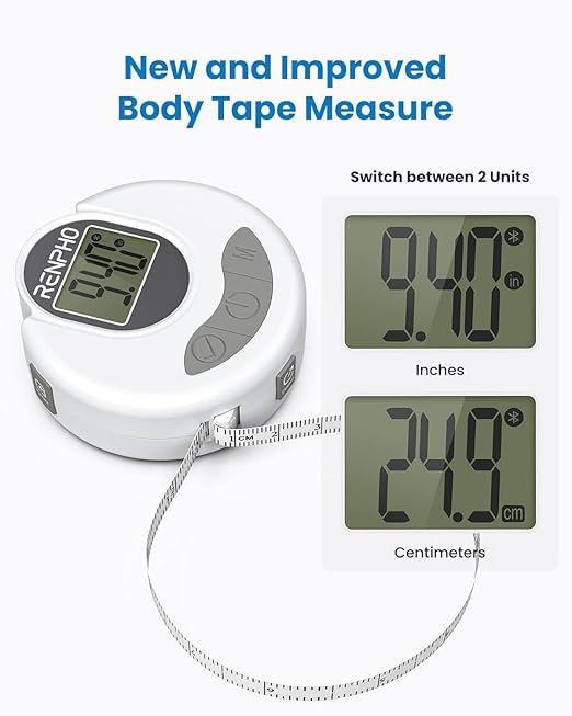 RENPHO Body Measuring Tape, Bluetooth Smart Tape Measure with Lock Hook & Retractable Function, Accurate Body Fat Measurement Device for Weight Loss, Muscle Gain, Fitness Bodybuilding, 60in /150cm