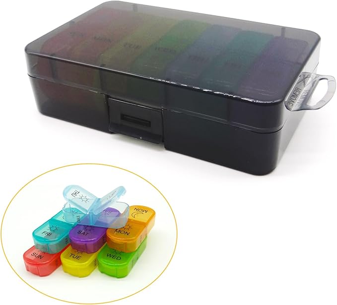 Travel Weekly Pill Organizer Case, 14 Compartments Travel Pill Box Dispenser, Portable Daily Pill Container for Carry Storage Medicine, Vitamin, Supplement, Fish Oil, Cod Liver Oil, Capsules