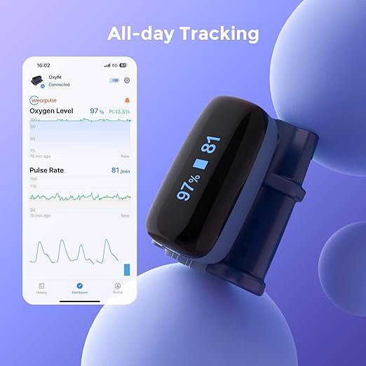 O2 Pulse Oximeter Fingertip, Oxygen Saturation Monitor, Bluetooth Pulse Rate Tracking with App, Continuous Rechargeable O2 Finger Oxygen Meter, 4 * 10 Hrs Built-in Memory, Smart Reminder