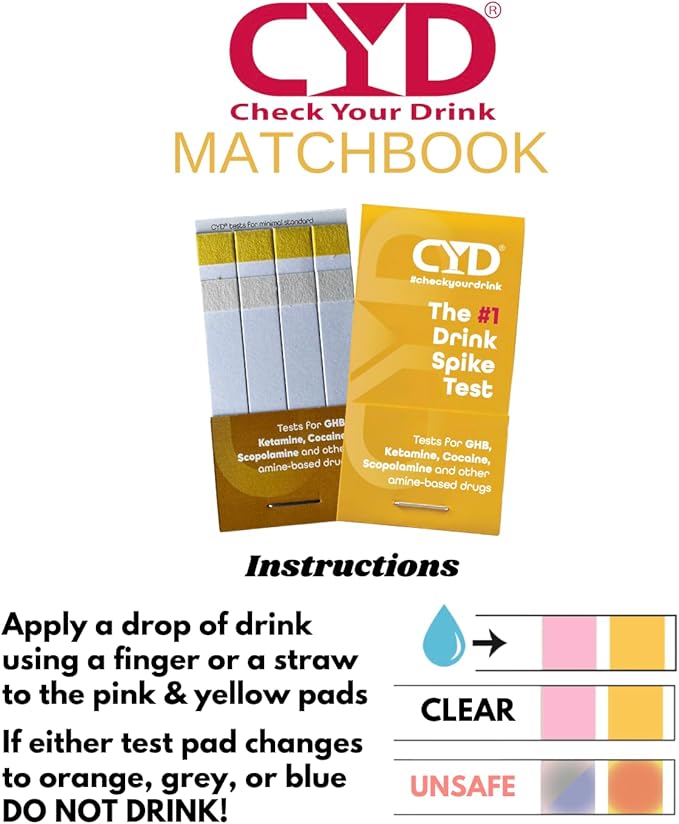 Check Your Drink Matchbook. Avoid Drink Spiking. Detect GHB or KETA Using The Personal Test Strips. - Each Match Book Contains 8 Tear-Away Test Strips