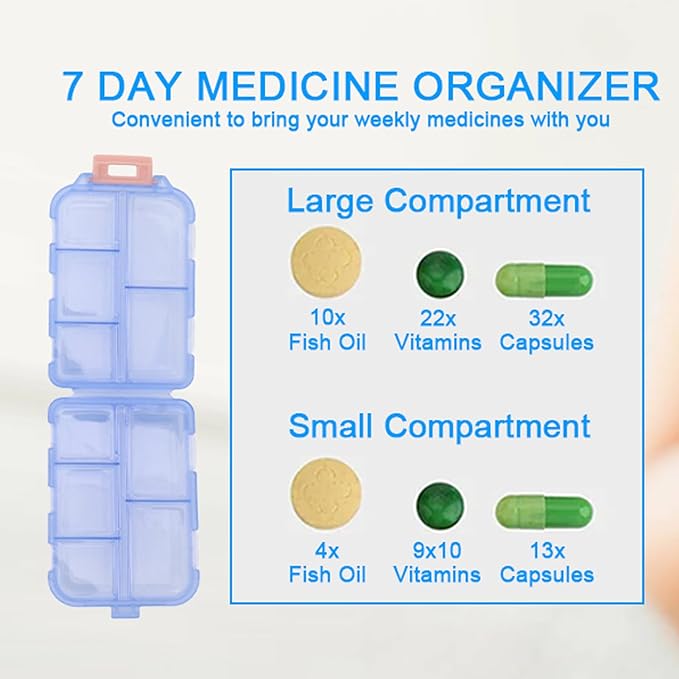 Travel Pill Organizer, 10 Compartments Pill Cases Waterproof Plastic Pill Box Small Medicine Organizer with Buckle Lock Weekly Portable Medicine Container for Purse(Blue)