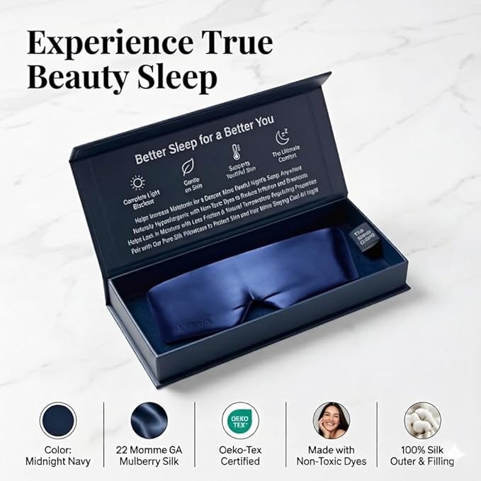 Silk Sleep Mask for Side Sleepers, Face-Hugging Padded Eye Cover, Eye Mask for Sleeping Women Men, 100% 22 Momme Pure Mulberry Silk, Soft Light Blocking Mask for Travel, Naps & Shift Workers (Blue)