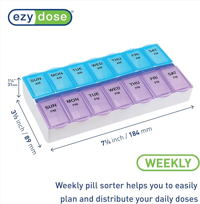 EZY DOSE Weekly (7-Day) AM/PM Daily Pill Case, Medicine Planner, Vitamim, Fish Oil, Supplements Organizer Container, Large Compartments, 2 Times a Day, Blue and Purple Lids, BPA Free