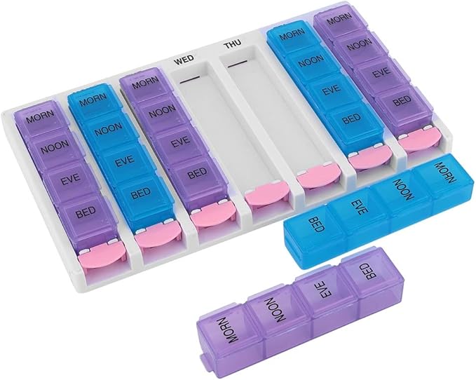 7 Days, Organiser, 7 Days 4 Times a Day 28 Compartments Organizer with Push Button (Blue)