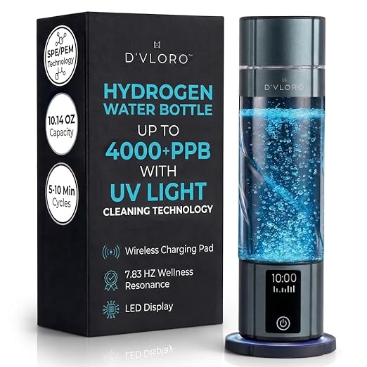 Wellness Frequency Hydrogen Bottle - Up to 4000+ PPB with UV Light Cleaning Technology and Wireless Charging Pad - Electric Water Bottle - Featuring 10 OZ Portable Capacity - SPE PEM Tech