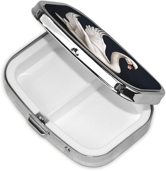 Square Pill Box 2 Compartment Medicine Pill Case White Swan Pill Box for Purse Pocket Waterproof Metal Pill Container Portable Pill Holder Mini Pill Organizer for Travel or Daily