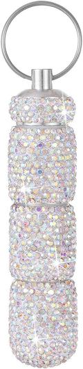 Bling Pill Case Portable Travel Pill Container Bottle Rhinestone Waterproof Small Pill Holder with Keychain Cute Mini Pill Storage Box for Outdoor Camping (AB)