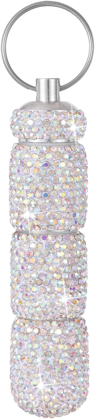 Bling Pill Case Portable Travel Pill Container Bottle Rhinestone Waterproof Small Pill Holder with Keychain Cute Mini Pill Storage Box for Outdoor Camping (AB)