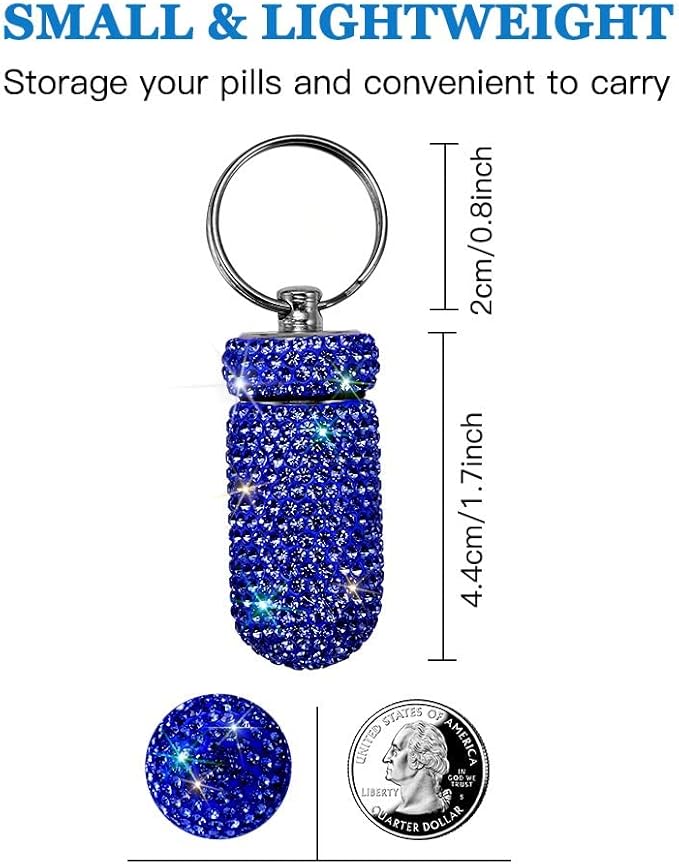 Portable Pill Case Pill Container Waterproof Pill Holder with Keychain Bling Pill Box Medicine Dispenser Bottle Storage for Outdoor Camping Travel (Royal Blue)