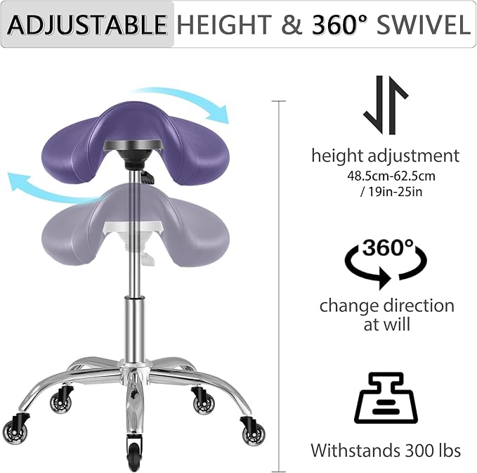 SALONFACTORY Saddle Stool with Wheels 300 lbs Weight Capacity, Heavy Duty Rolling Stool for Medical Massage Salon Kitchen Spa Drafting Nail-Tech,Height Adjustable,360 Swivel,Wide Thick Seat Padding