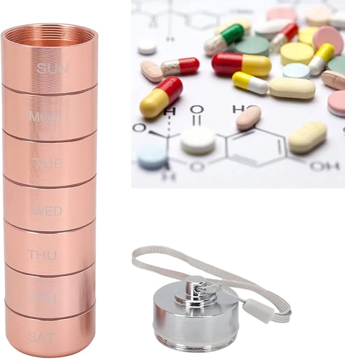 Metal Organizer, Stackable Metal Weekly Travel Organizer, Portable Aluminum Alloy Tablets Box with Lanyard Rose Gold for Vitamin, Fish Oil & Supplement