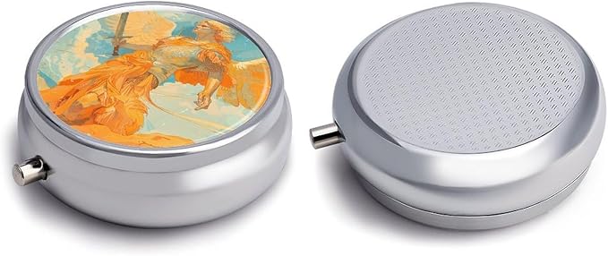 Angel Holding Sword Pill Box Travel Pill Case for Purse Pocket Weekly Medicine Organizer with Mirror 3 Compartment Round Medicine Case Portable PillcaseHolder for Daily