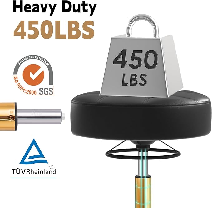 Rolling Stool Heavy Duty 450lbs - Reinforced with Golden Alloy Steel, Super Soft Thick Cushion, 360° Swivel, Smooth Rolling NO Noises, Adjustable Stool with Wheels for Massage Tattoo Spa, (Black)