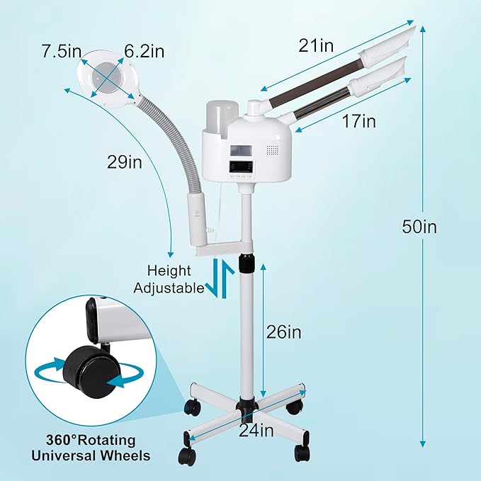 Professional 3 in 1 Facial Steamer Deep Cleaning Ozone Facial Steamer with 5X Magnifying Light & Rolling Wheels Hot/Cold Mist Function for Salon Spa Home Beauty Equipment, White