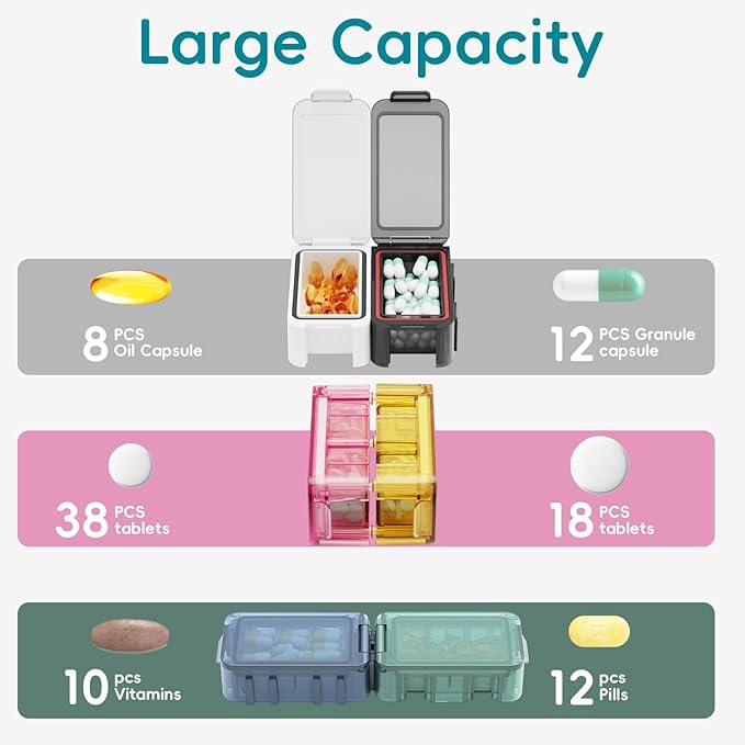 8 Compartment Pill Organizer - Travel Portable Pill Case with Moisture-Proof Design, Medication Case for Vitamins/Fish Oil Supplements Storage (8 Compartments, 10-30 Pills Capacity)