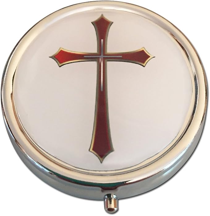Cross Silver Pill Box – Round 3-Compartment Metal Pill Organizer, Compact 2-Inch Travel Pill Case for Purse or Pocket