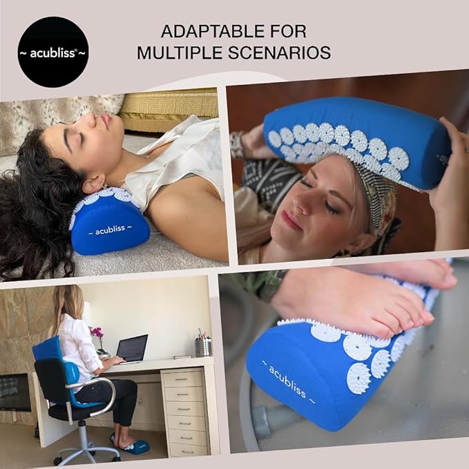 Premium Portable + Comfortable Acupressure Lumbar Cushion Pillow, 2,142 Acupuncture Pressure Points, Neck Pain Relief, Increased Energy, Relaxation, Drawstring Bag, 15x6x4", Blue