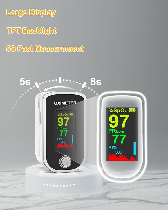 Pulse Oximeter Fingertip - Oxygen Meter Finger Pulse Oximeter - Blood Oxygen Saturation Monitor with Heart Rate and Fast Spo2 Reading, Pulse Ox with TFT Screen, Lanyard (Not include Batteries)