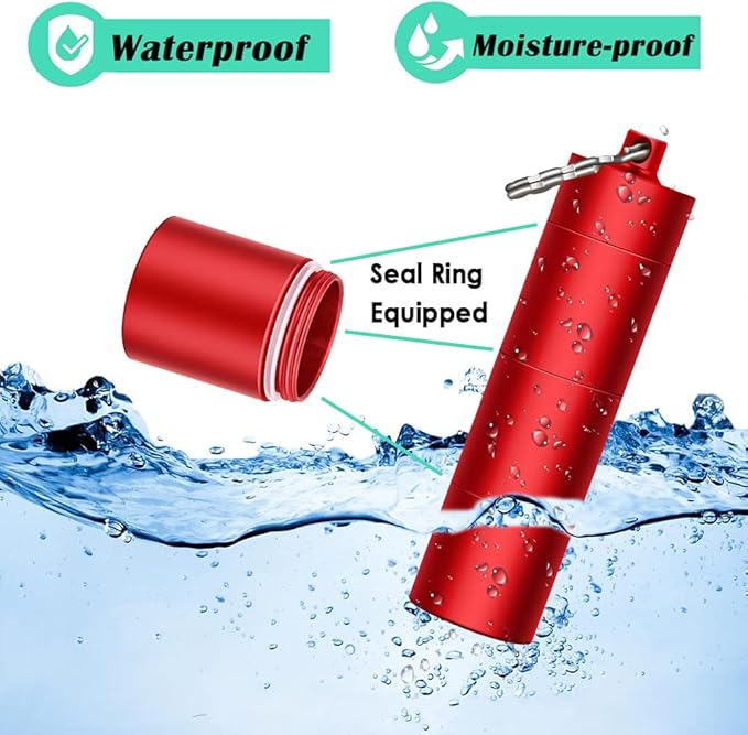 Portable Keychain Pill Case Holder, EFFIET 3 Compartments Metal Pocket Emergency Pill Container Box for Daily Supplyment (Red+Matt Finished)